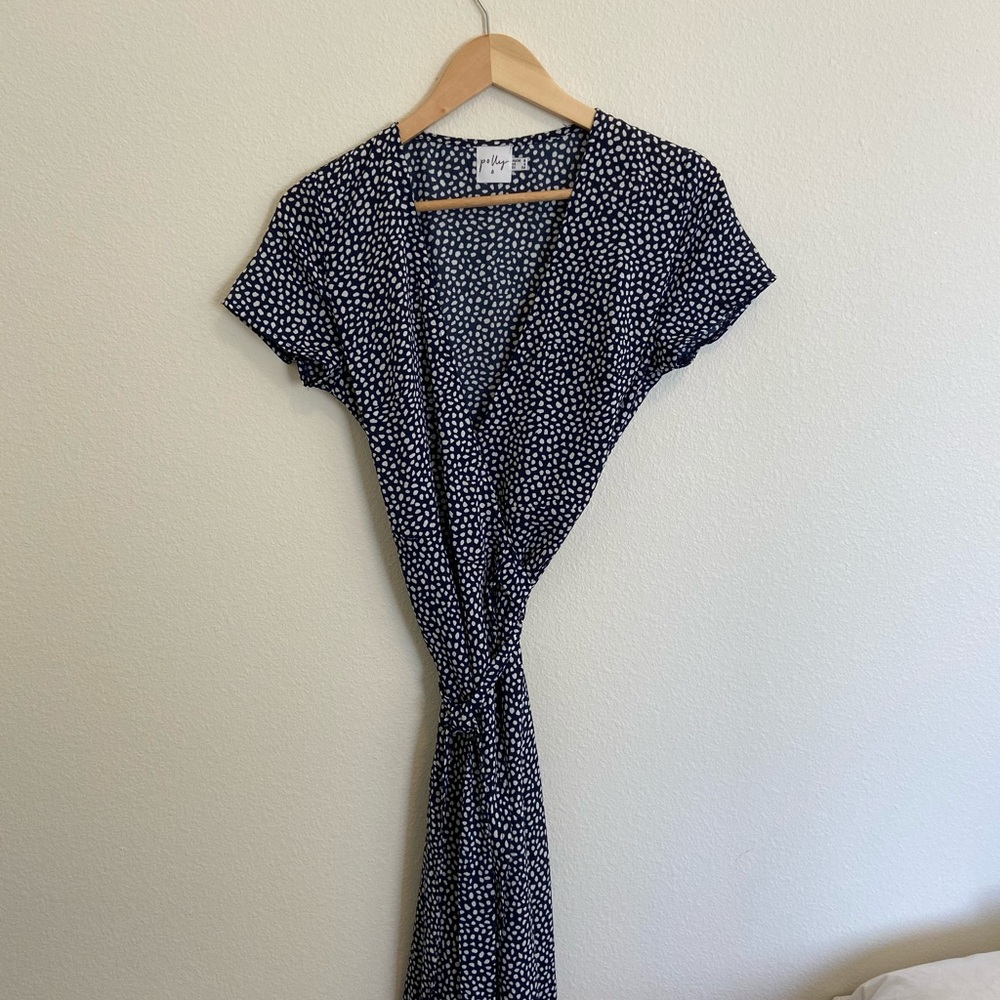 speckled navy blue and white wrap dress